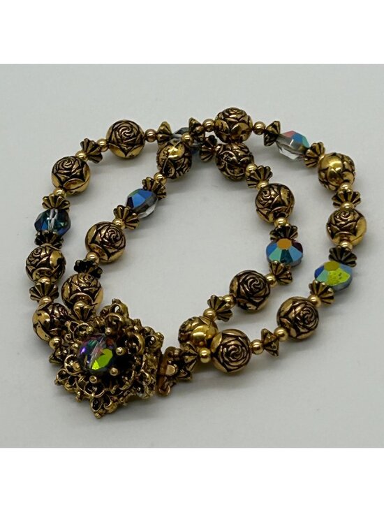 Estate Jewelry - Vintage 1950s Double Strand Gold Rosette Aurora Borealis AB Crystal Bracelet